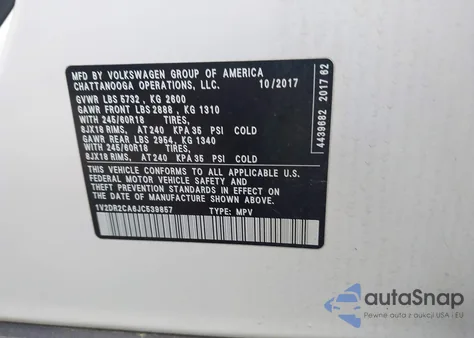 2018 Volkswagen Atlas 3.6L V6 Se/3.6L V6 Se W/Technology из США, поврежденный, VIN 1V2DR2CA6JC539857